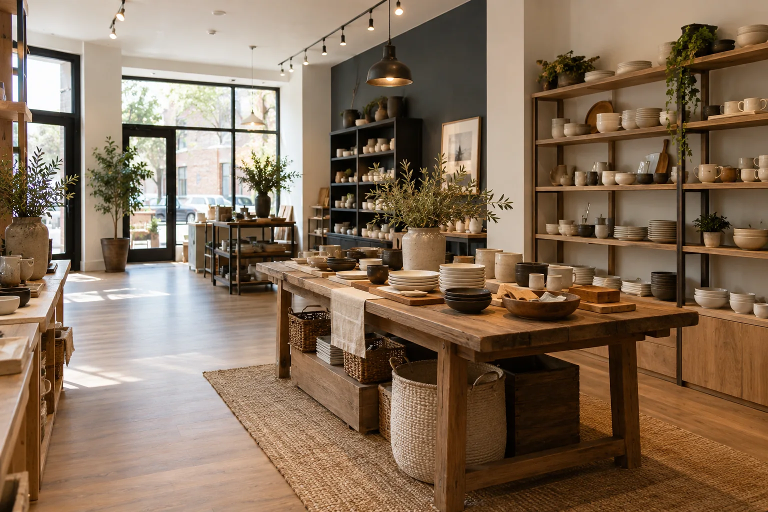Illustrative homeware shop with wood shelves and clear aisles.
